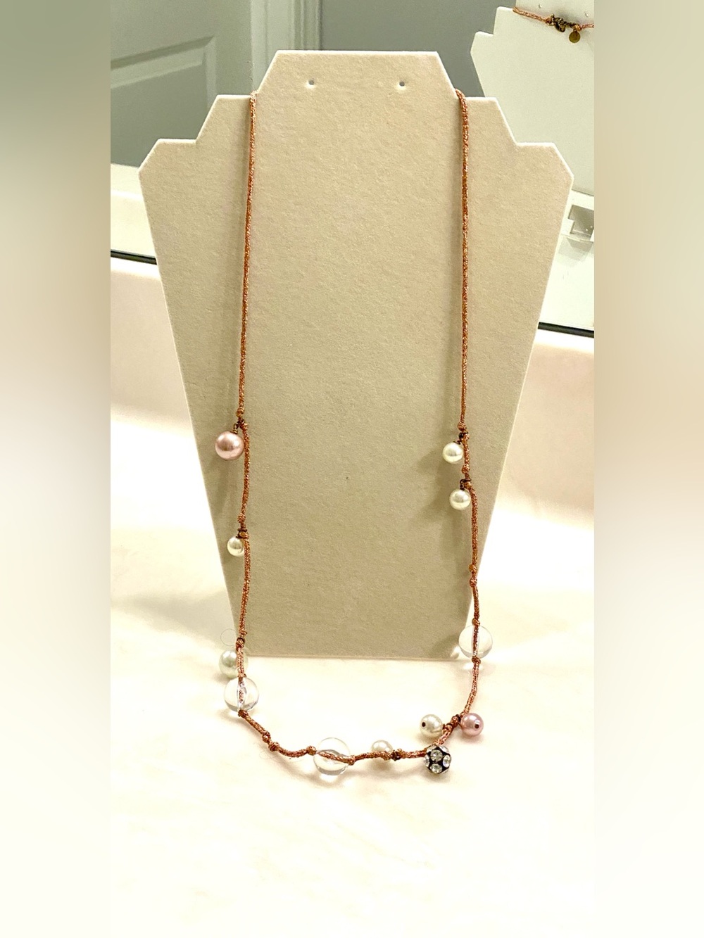 J. Crew Rose Gold Cord Necklace with Pink, White & Clear Beads